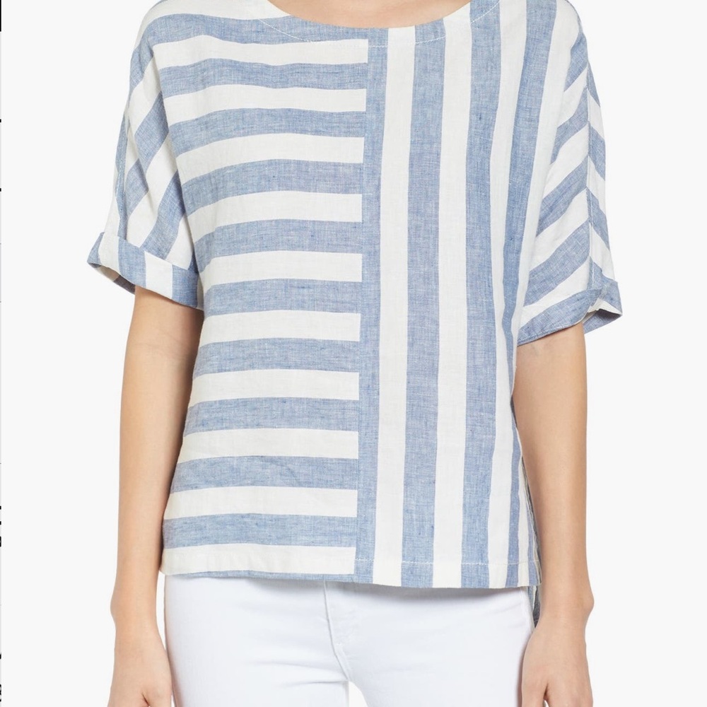 Caslon V-Back Linen Top Cuffed Sleeve Blouse